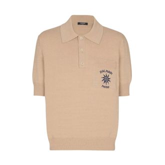 Balmain Polo Shirts, male, Beige, Size: M Short Sleeve Button-Placket Polo