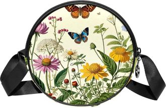 Generic Circle Crossbody Bag for Women, Flowers Butterflies Small Sling Bag Daypack with Zipper Adjustable Shoulder Straps Casual Ladies Girls Round Purse