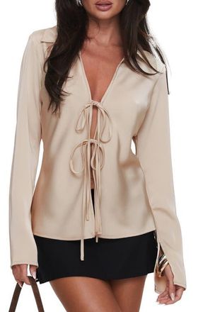 Princess Polly Way Life Goes Tie Front Satin Shirt in Champagne at Nordstrom, Size 6