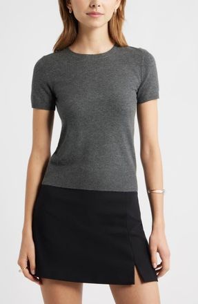 Open Edit Fitted Short Sleeve Sweater in Grey Medium Charcoal Heather at Nordstrom, Size Xx-Small