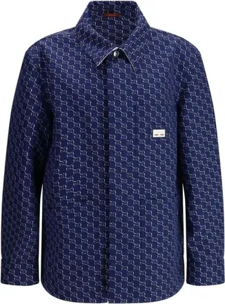 Gucci Overhemden, Heren, Blauw, L, GG Patroon Klassieke Kraag Jas