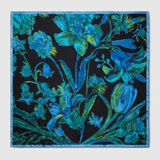 Gucci Floral Double G Silk Twill Carr&eacute;, Blue