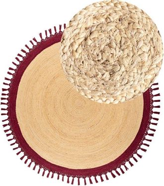 Beliani Beliani - Alfombra Boho R&uacute;stica Redonda 200 Cm De Yute Natural Trenzado A Mano Beige Y Rojo Marts