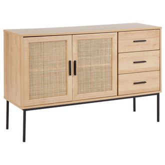 Beliani Aparador Con 3 Cajones Frente De Rat&aacute;n Tablero De Part&iacute;culas Patas De Metal Estilo Boho Sala De Estar Madera Clara Pasco