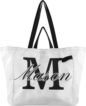 Generic Custom White print Reusable Canvas Tote Bag, Heavy Duty Grocery Shopping Bag with Hard Bottom Large Capacity Double Handles Work Groceries Travel