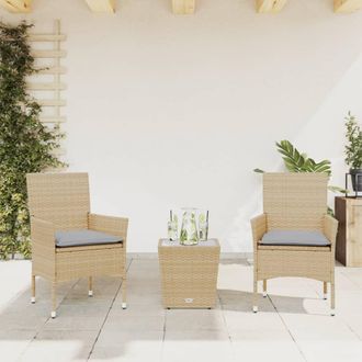 vidaXL Mesita Y Sillas Con Cojines 3 Pzas Rat&aacute;n Sint&eacute;tico Vidrio Beige Vidaxl