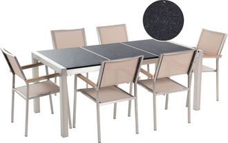 Beliani Conjunto De Comedor De Jard&iacute;n Beige Con Mesa 180 X 90 Cm De Granito Negro 6 Sillas Grosseto