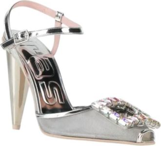 Ras Womens Mesh Jewel Ankle Strap High Cone Heel Pumps In Silver