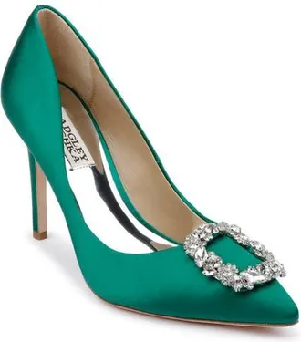 Badgley Mischka Collection Cher Crystal Embellished Pump in Emrld Satn at Nordstrom, Size 7.5