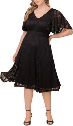 Kiyonna Camille Lace Midi Cocktail Dress in Onyx at Nordstrom, Size 0X