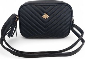 Generic Quilted Crossbody Handbag, Black Faux Leather, Gold Bee Emblem, Tassel Detail