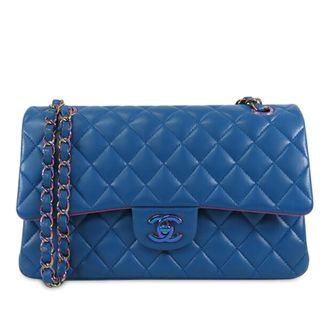 Chanel Pre-owned Womens Medium Classic Lambskin Rainbow Hardware Double Flap - Medium Blue Leather - One Size