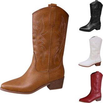 Generic Mid-Calf Cowboy Boots for Women Pointed Toe Chunky Low Heel Retro Tall Boots with Floral Embroidered Ladies Classic Comfort Pull On Design Western Foo