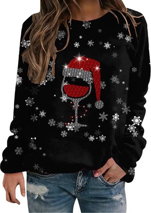 Generic Christmas Tops for Women UK Funny Glitter Red Wine Glass Print Jumpers Festive Graphic Long Sleeve Regular Fit Sweatshirt Holiday Casual Pullover Shir