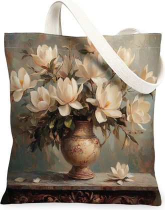 Generic Farmhouse Magnolia Flower Canvas Tote Bag for Shopping 13x15, Country Floral Reusable Grocery Print Bag for Women, Farm Wildflower Beach Aesthetic Pai