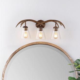 Jonathan Y Designs Wyatt 25.5 3-Light Southwestern Bohemian Resin/Seeded Glass Faux Antler LED Vanity Light, Brown Wood Finish