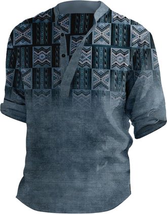 Generic Henley Shirts for Men 3/4 Sleeve Dashiki Pattern T-Shirts Vintage Button Down Shirt Retro Stand Collar Tops Blouses Camisa Casual para Hombre(Blue, S)