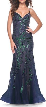 La Femme Mermaid Sequin and Beaded Embellished Prom Dress in Navy at Nordstrom, Size 12