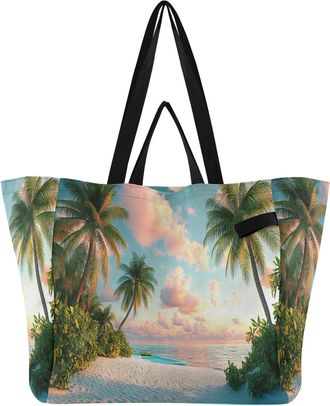 Generic Tropical Green Palm Beach pattern Reusable Canvas Tote Bag, Heavy Duty Grocery Shopping Bag with Double Handles Hard Bottom Large Capacity Work Grocer