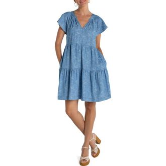 Liverpool L.A. Tiered Floral Flutter Sleeve Denim Dress in Indigo Roses at Nordstrom, Size X-Small