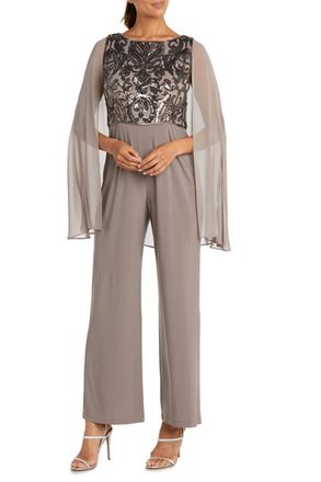 R & M Richards Formal Capelet Jumpsuit In Mocha