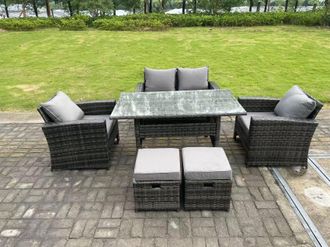 Fimous 6 Seater Outdoor Dark Grey Mixed High Back Rattan Sofa Double Sofa Dining Table Set Garden Furniture Stools