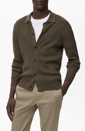 Mango Ribbed Full Button Cardigan in Khaki Green at Nordstrom, Size X-Large