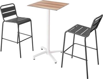 Oviala Mesa alta de roble oscuro y 2 sillas altas grises en conjunto