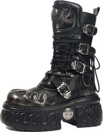 Generic Matte Dark Punk Metal Tank With Thick Bottom And Side Zipper, Gothic Style Boots, Womens Spicy Design Sense(Black Silver,US11)