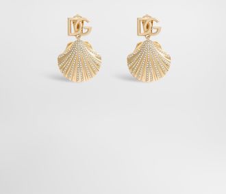 Dolce & Gabbana Earrings With Rhinestone-detailed Shell And Dg Logo - Woman Bijoux Gold Metal Onesize