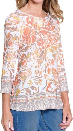 Multiples 3/4 Sleeve Scoop Embellished Knit Top In Orange