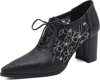 Generic Womens Pointed Toe Pumps Textured Fabric Mesh Floral Embroidery Lace-Up Block Heel Cushioned Insole Anti-Slip Durable Sole Comfortable Fit,Black 1,4.5