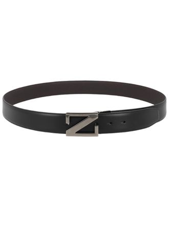 Ermenegildo Zegna Black Leather Silver Buckle Belt