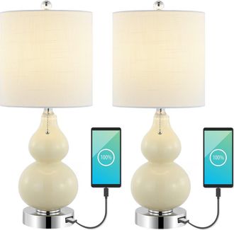 Jonathan Y Designs Cora 22 Classic Vintage Glass LED Table Lamp with USB Charging Port in Cream at Nordstrom