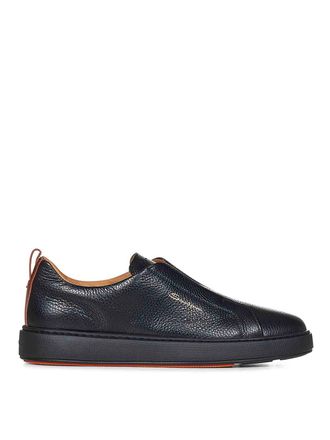Santoni Black Tumbled Leather Slip-On Sneakers