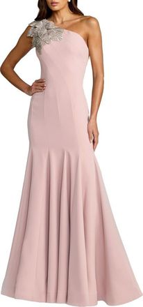 Mac Duggal Petite Crepe One Shoulder Gown With Flower Detail in Rose at Nordstrom, Size 12