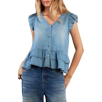 HINT OF BLU Ruffle Cloud Denim Top at Nordstrom, Size X-Small