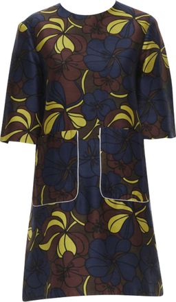 Marni floral print wool silk crepe patch pocket boxy A-line dress