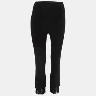 Norma Kamali Black Stretch Knit Fringed Hem Crop Leggings