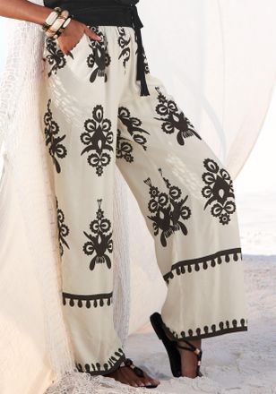 Lascana Palazzohose LASCANA, Damen, Gr. 34, N-Gr, beige (sand, schwarz bedruckt), Web, Obermaterial: 100% Viskose, bedruckt, figurumspielend lang, Hosen Palaz