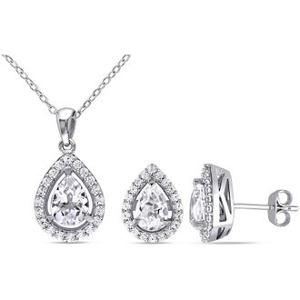 Amour 4 7/8 CT TGW Created White Sapphire Teardrop Halo Pendant with Chain and Stud Earrings 2-piece Set In Sterling Silver