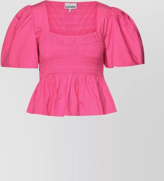 Ganni smocked cotton top peplum hem