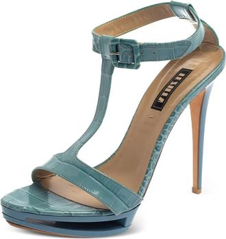 Le Silla 125 mm leren sandalen met krokodillen-reli&euml;f - Blauw