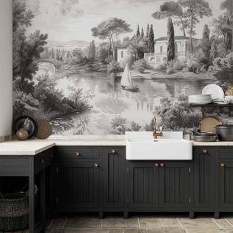 OEM Sfondo Fotografico - Paesaggio Vintage In Bianco E Nero, Vista Retr&ograve; Di Uno Stagno Con Una Barca / Paesaggio Vintage In Bianco E Nero Con Uno Stagno