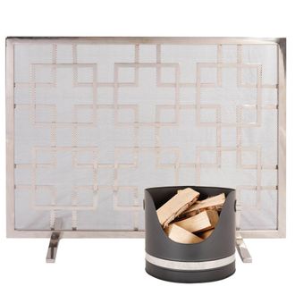 Dibor Black & Nickel Coal, Log, Kindling Bucket with Mosaic Style Firescreen