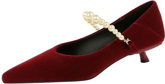 Generic Womens Pumps Stiletto High Heel 3cm Detachable Pearl Chain Pointed Toe Suede Wedding Shoes for Bride Prom Party (Red,6.5)