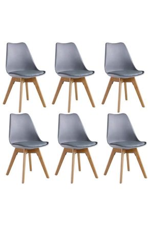 Life Interiors Set of 6 Tulip Dining Chairs Leather Padded Seat Solid Wood Legs in Grey