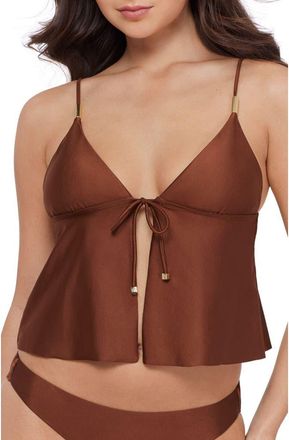 Steve Madden Tie Front Crop Tankini Top in Oak Brown at Nordstrom, Size X-Small
