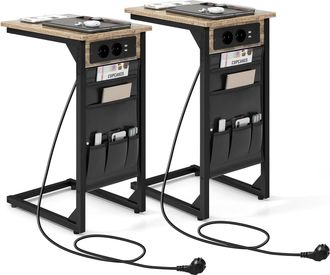 Costway Costway - Mesa Auxiliar Con Estaci&oacute;n De Carga, Juego De 2 Mesas Laterales Para Sof&aacute; En Forma De C, Mesa De Centro Industrial Con Bolsa De Almacenamien