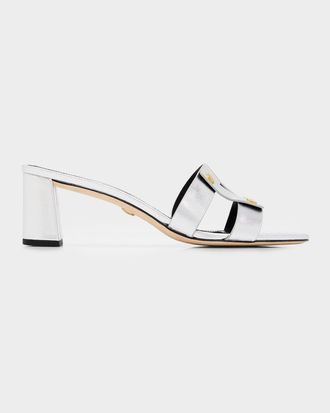 Veronica Beard 55mm Via Metallic Leather Block-Heel Sandals